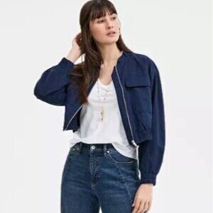 On 34th Women's Linen Cotton Utility Bomber Jacket size M NWT Navy Zip Up Crop